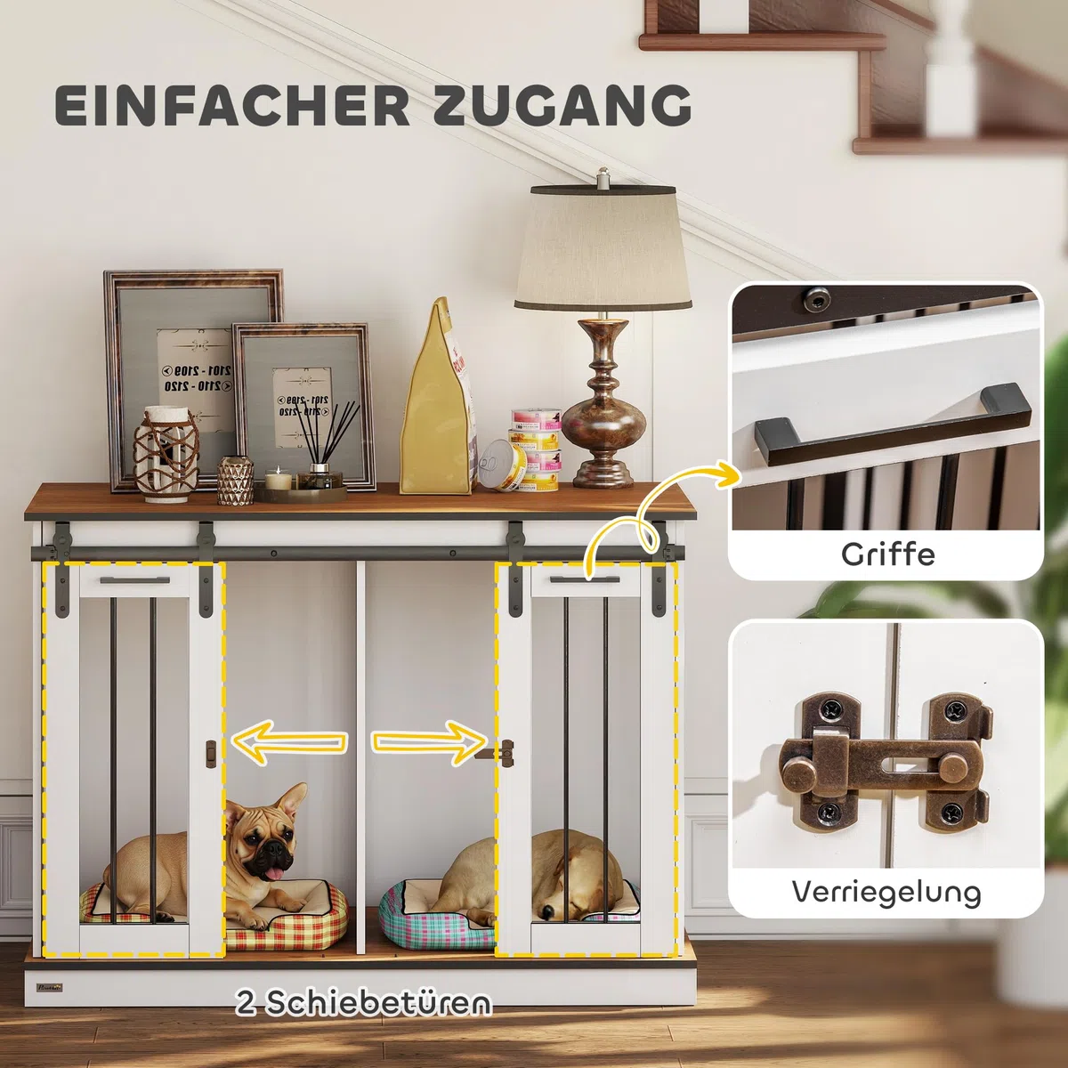 PawHut Hundekäfig Möbel mit Zweiraum-Option, 2 Türen Moderne Metall Hundebox für Zuhause Indoor Hundehütte für große Hunde bis zu 30 kg Hundehaus 120 x 60 x 88,5 cm Weiß