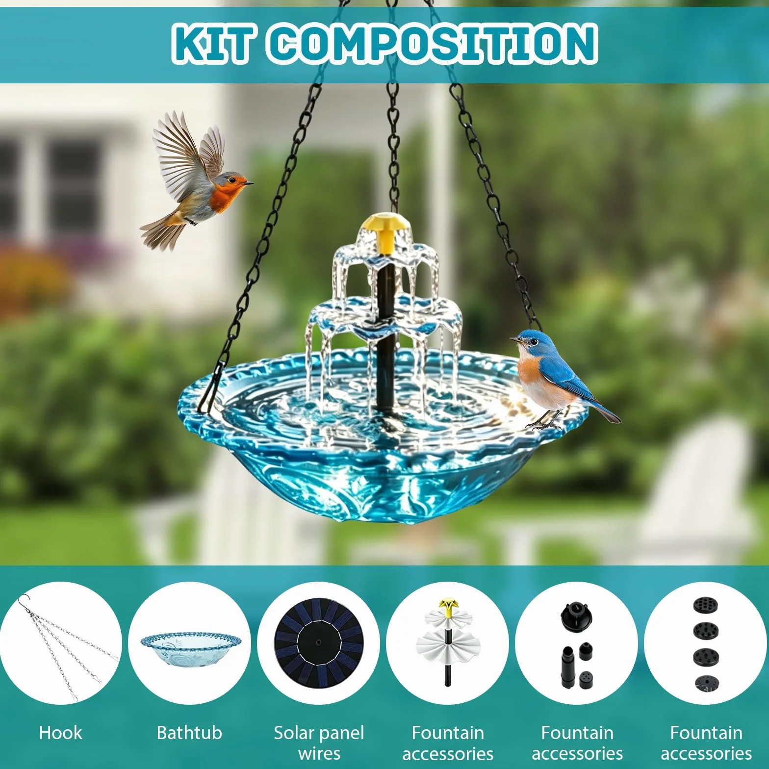 Vogeltränke Hängend mit Solarbrunnen, Vogelbad Garten zum Aufhängen,Solar Vogeltränke Balkon Wassertränke für Vögel mit Springbrunnen Wasserspiel Vogelbad für Garten Hof Terrasse Lockt Vögel
