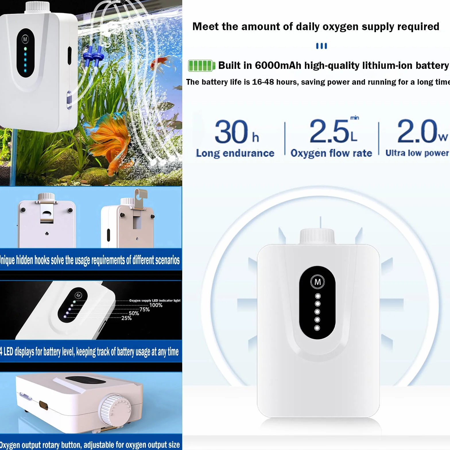 Solar Luftpumpen, 6W Solar Teichbelüfter mit 6000mAh Akku, USB-Laden und Solarladen sind verfügbar, Oxygenator Aquarium Luftpumpe Angelbelüfter mit Rohr Luftblasensteinen, für Gartenteiche