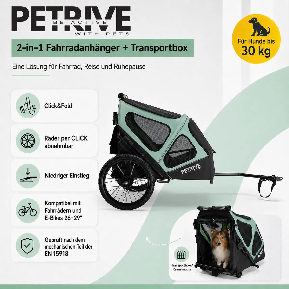 4-in-1 Fahrradanhänger für Hunde, Hundewagen, großer Transporter bis 30 kg, PETRIVE (Hellgrün)