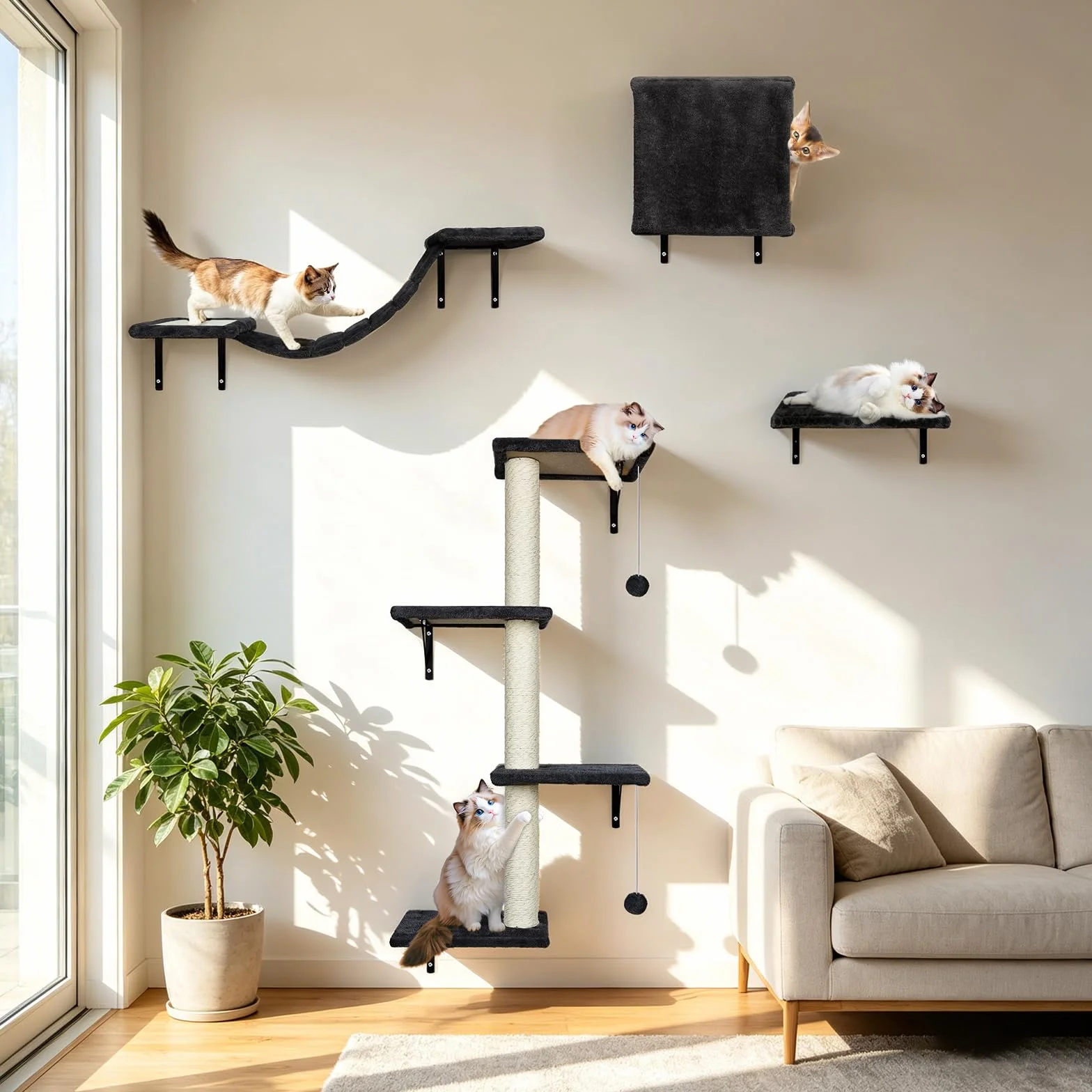 Zvonema Kletterwand Katzen, Katzen Wandelemente 10-teilig, Stabiler Holz Katzenwand, Bequem Plüsch Katzenmöbel, Kratzbaum Wand mit Katzenhaus, Brücke, Treppe, Kratzbrett, Katzenliege & Hängeball