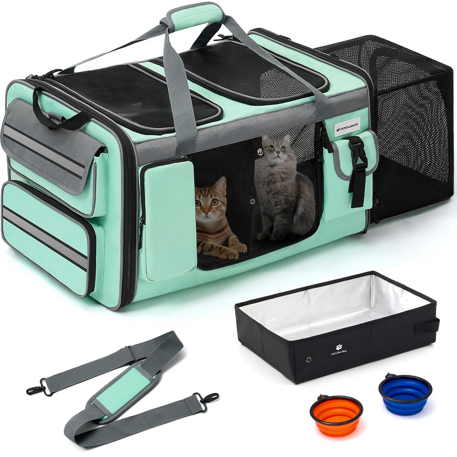 Odoland Katzentransportbox für 2 Katzen - Faltbar Erweiterbarer Transporttasche große Katze Welpen, atmungsaktiv Hundetragetasche mit Schultergurt & Katzenklo, Ideal für Reise, Auto - Grün