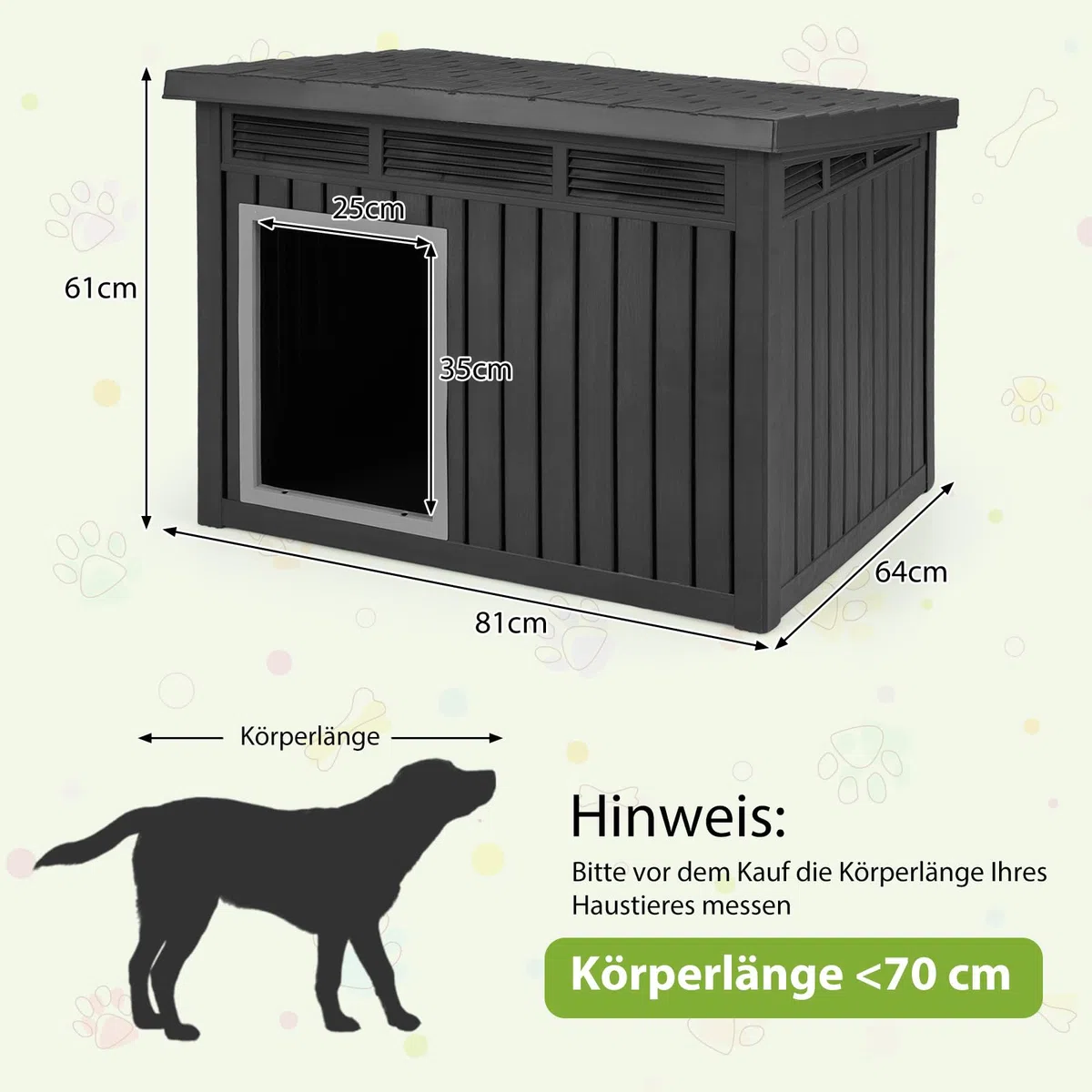 COSTWAY Hundehütte für Outdoor & Indoor, Hundehaus mit aufklappbarem Schrägdach, Entwässerungslöcher, Gasdruckfeder & Belüftungsöffnungen, Hunde Hütte für kleine & mittelgroße Hunde, 81 x 64 x 61 cm