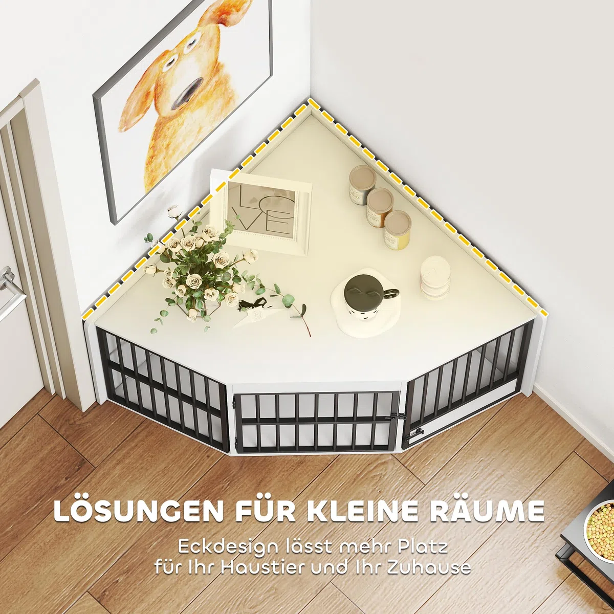 PawHut Eck-Hundekäfig Hundebox für Zuhause, Abschließbare Hundehütte Indoor mit drehbare Fütterungstür Hundehaus für kleine/mittlere Hunde Weiß 113 x 80 x 64 cm