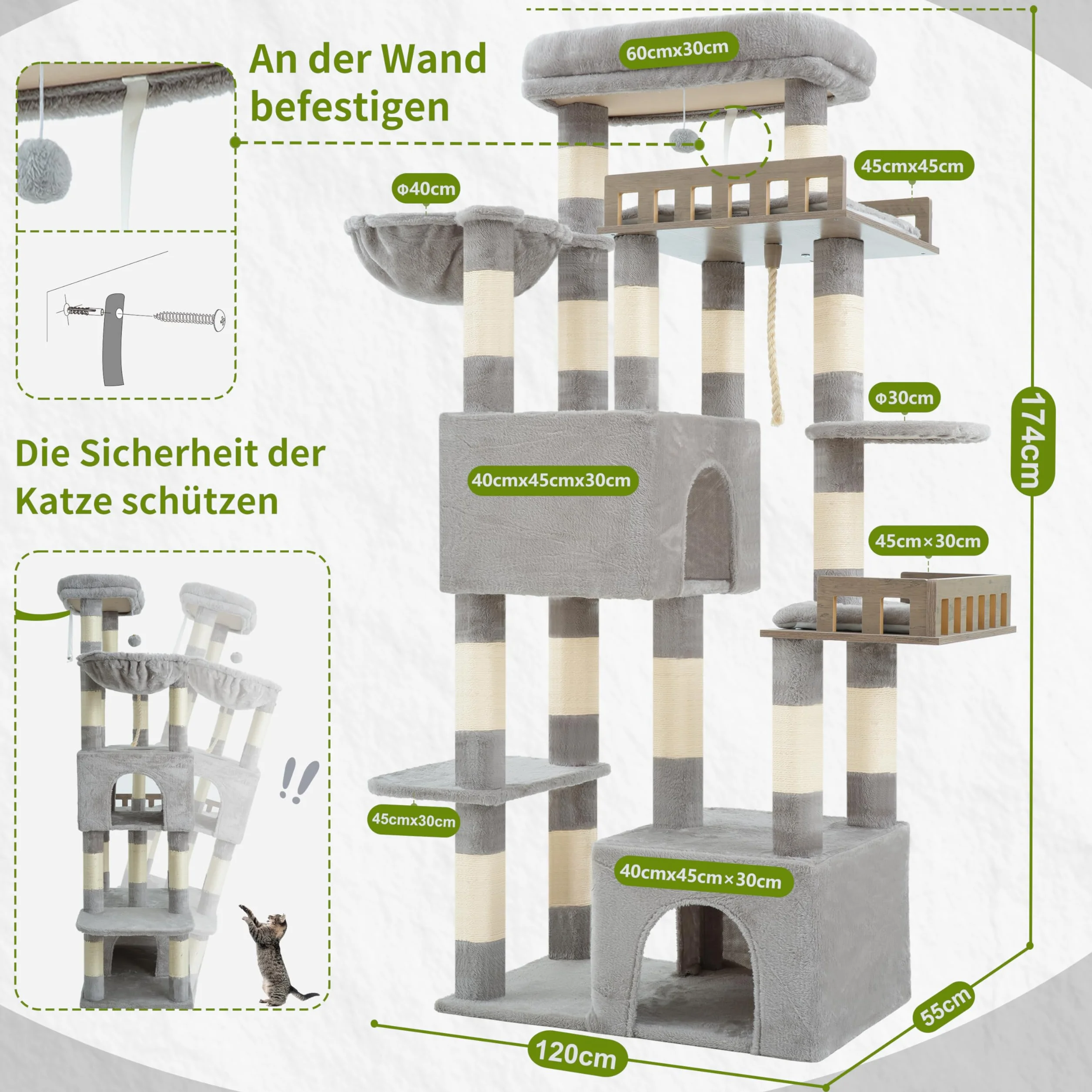 Gitelsnour Kratzbaum groß, Katzenbaum für große ausgewachsene Katzen, 174cm Katzenkratzbaum mit Hängematte, 2 große Sitzstangen, 2 Katzenhöhlen,15 Kratzstangen, Hellgrau GCT033W