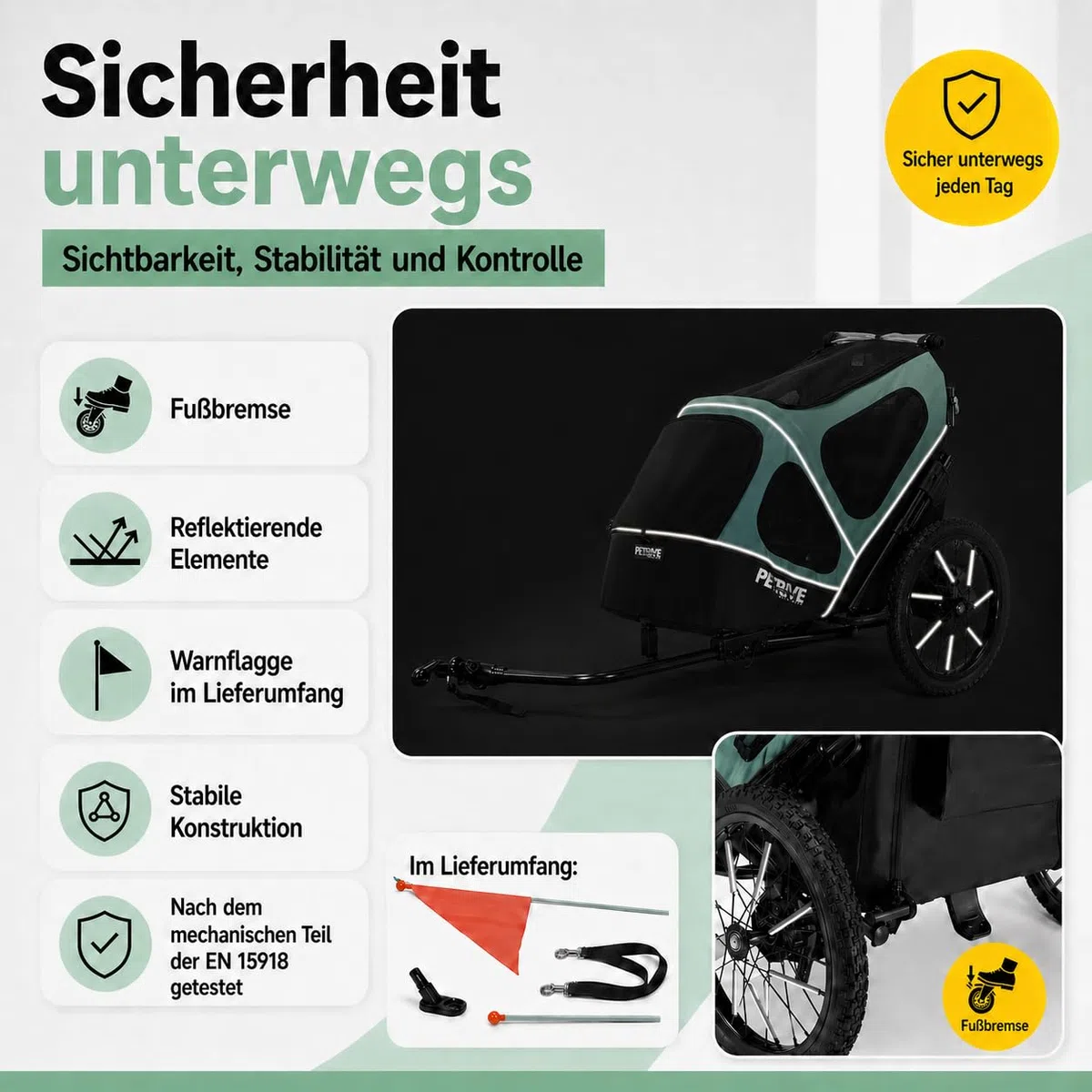 4-in-1 Fahrradanhänger für Hunde, Hundewagen, großer Transporter bis 30 kg, PETRIVE (Hellgrün)