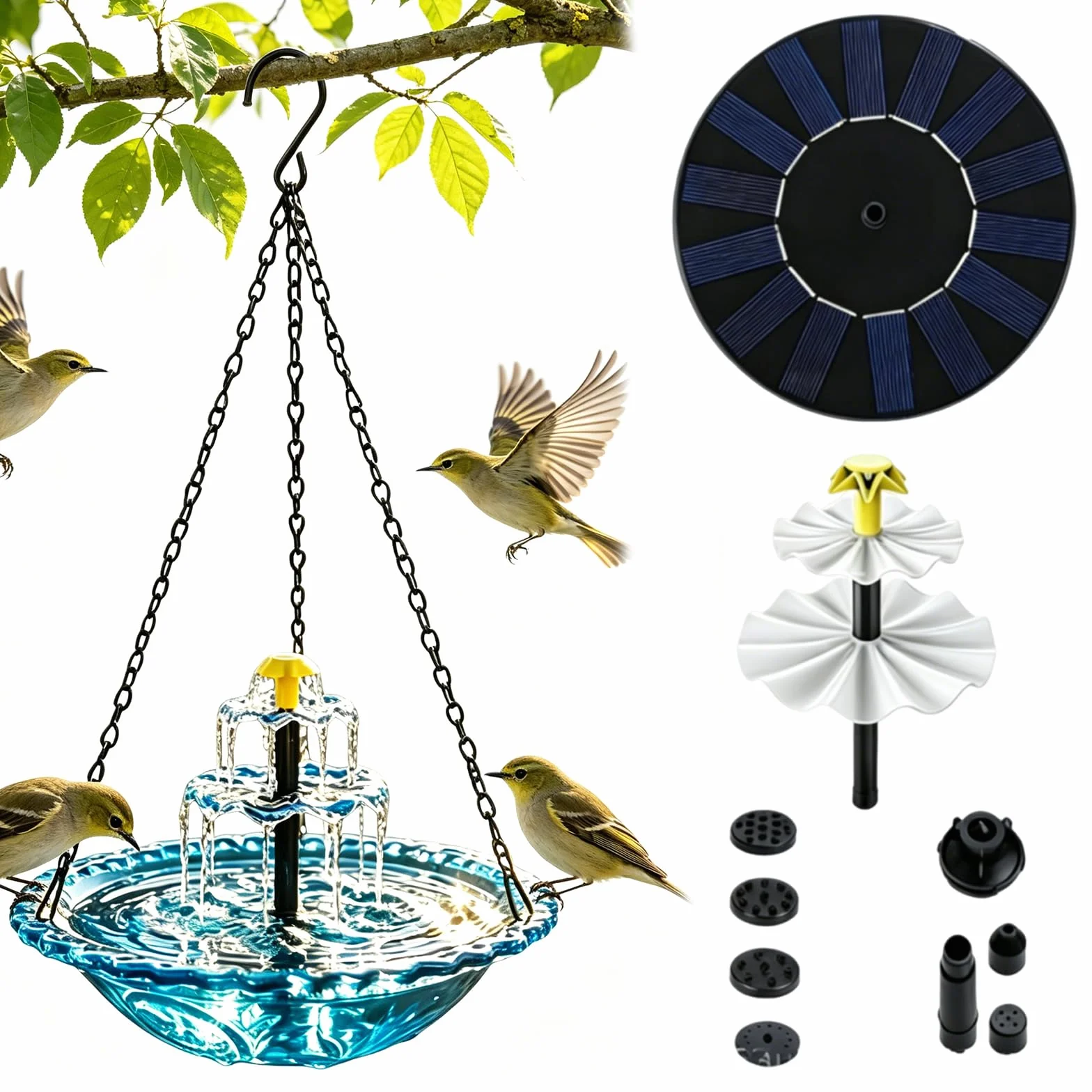 Vogeltränke Hängend mit Solarbrunnen, Vogelbad Garten zum Aufhängen,Solar Vogeltränke Balkon Wassertränke für Vögel mit Springbrunnen Wasserspiel Vogelbad für Garten Hof Terrasse Lockt Vögel