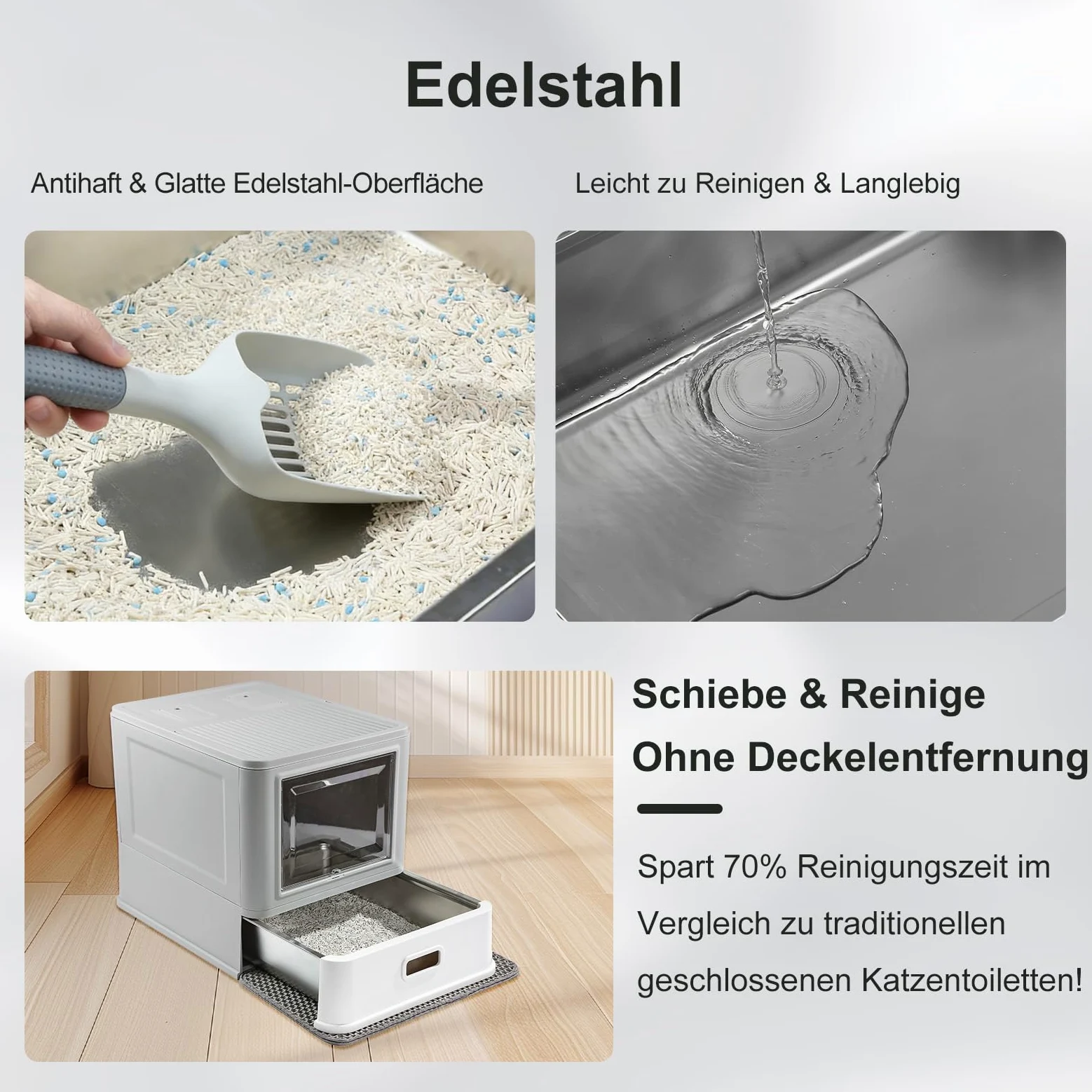 Marchul Katzentoilette, Geschlossene Katzentoilette aus Edelstahl mit Deckel und Schublade, für Wohnungskatzen, Lamellen Gegen Auslaufen, mit Schaufel und Matte, Geruchsfrei, Mit verbesserter Basis