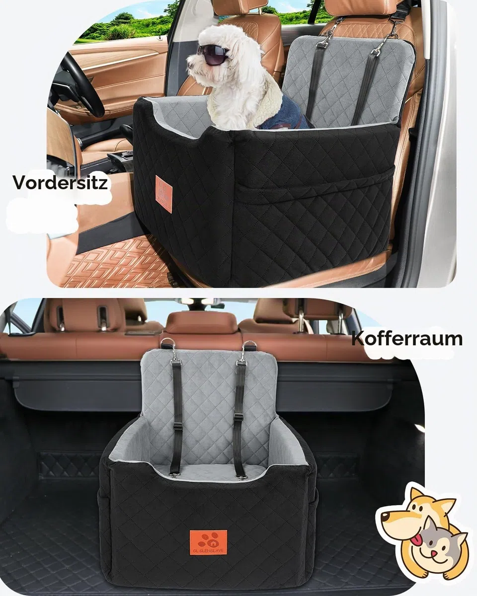 GL GLENSLAVE Autositz Hunde für kleine/mittlere Hunde unter 15 Kgs,Hunde Autositz,Abnehmbarer und waschbarer Haustier Autositz,Hundebett mit 2 Sicherheitsgurten(Schwarz/Grau)