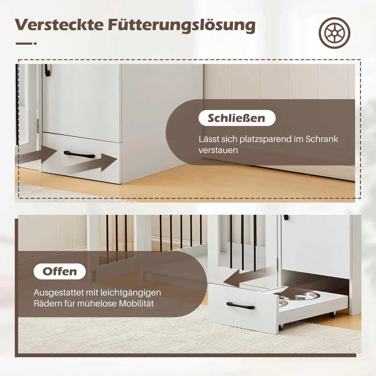 TUKAILAi Hundebox im Möbeldesign mit Futterstation, Robuster Hundekäfig mit Schubladen, Schrank und erhöhten Näpfen für kleine & mittlere Hunde