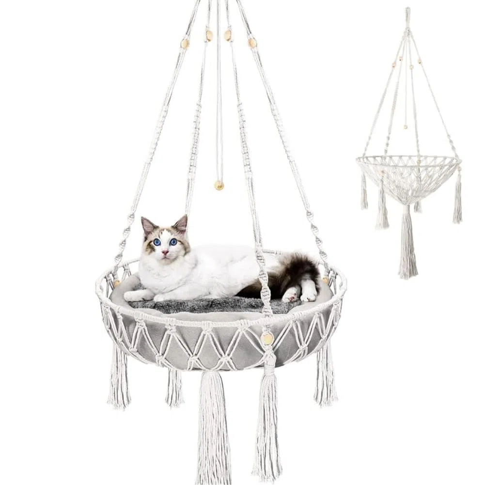 Katze Hängematte,Baumwolle Katzenschaukelbett,Hängen Fenster Hängematte Bett Stricken Hängen Katze Nester Pet Schaukel Pet Bett (Weiß, 45CM)