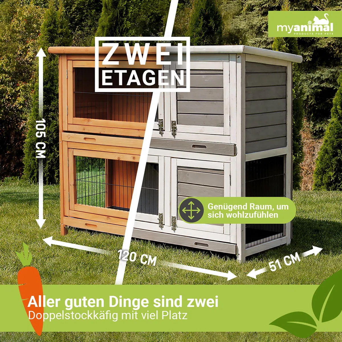 Miweba MyAnimal Hasenstall MH-20 | 120x51x105 cm - Kaninchenstall mit Freilaufgehege - Doppelstockhaus 2 Ebenen - Hasenkäfig - Holz imprägniert - Kaninchenkäfig Winterfest - Indoor & Outdoor (Braun)