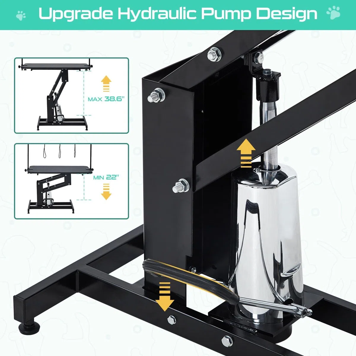 Hydraulischer Hundefrisiertisch 110 cm, Trimmtisch für große Hunde bis 158 kg, Z-Lift Hundepflegetisch höhenverstellbar (56-98 cm) mit Doppel-Galgen & Rutschfester Arbeitsfläche, Schwarz