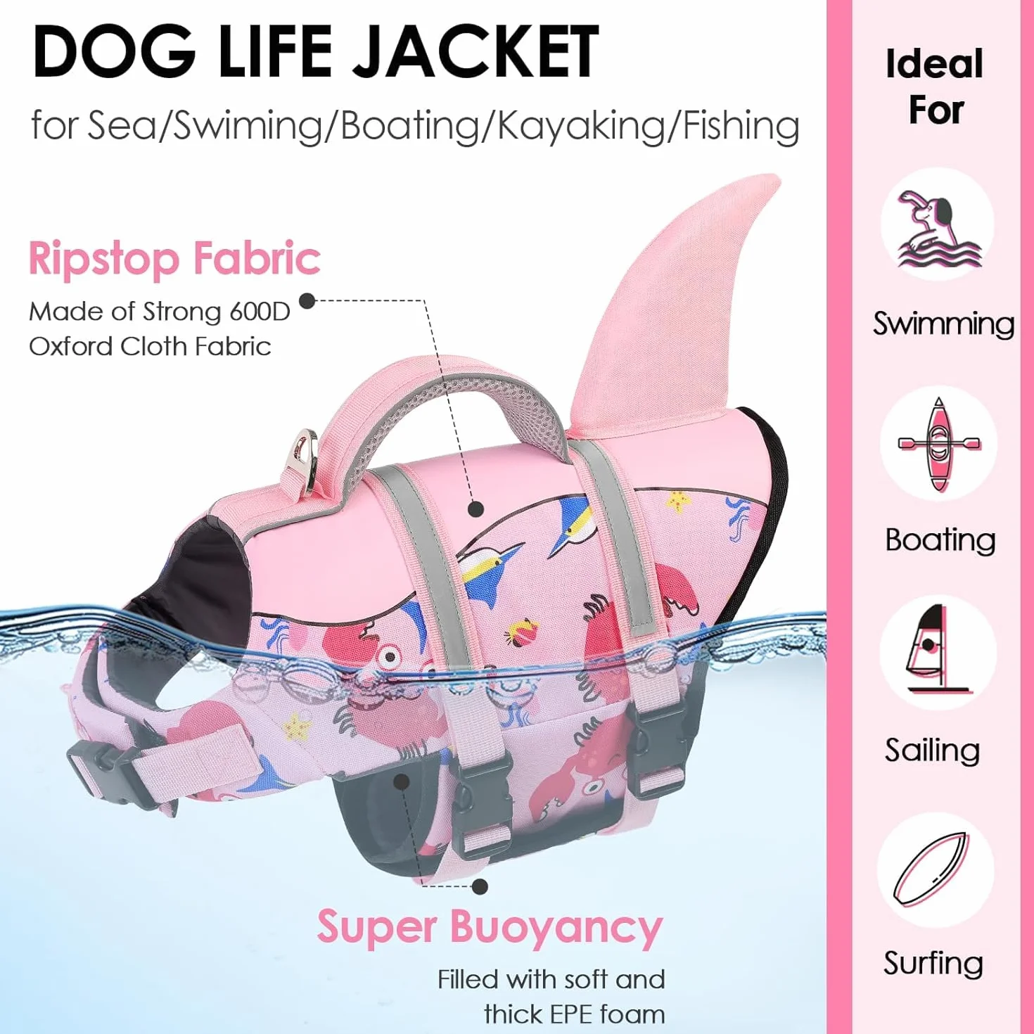 AOFITEE Hundeschwimmweste Große Hunde, Verstellbar & Ripstop Hunde Schwimmweste Hai mit Rettungsgrif und Reflektierend, Hoher Schwimmfähigkeit Rettungsweste Hund Schwimmweste Labrador, Pink, L