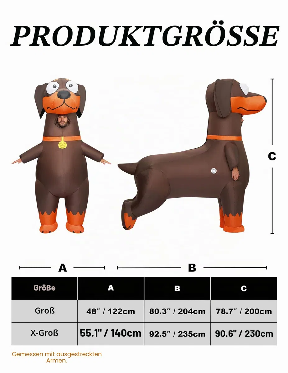 Spooktacular Creations Aufblasbare Kostüme für Erwachsene, Ganzkörper-Dackel, aufblasbares Hundekostüm, für Halloween-Kostüm, Cosplay, Welpen-Themenpartys, Braun, L