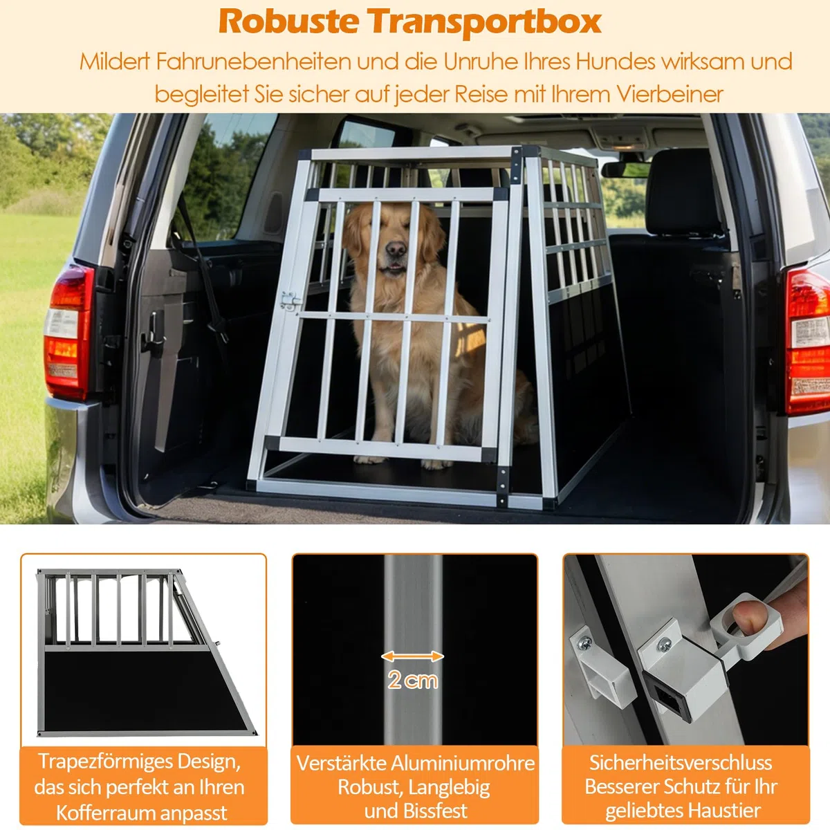 GYMAX Hundebox Auto, Transportbox Hund mit Sicherheitsverschluss, leicht & stabil, Alu Hundetransportbox für Kofferraum, Rückbank & Zuhause (91 x 65 x 69,5 cm)