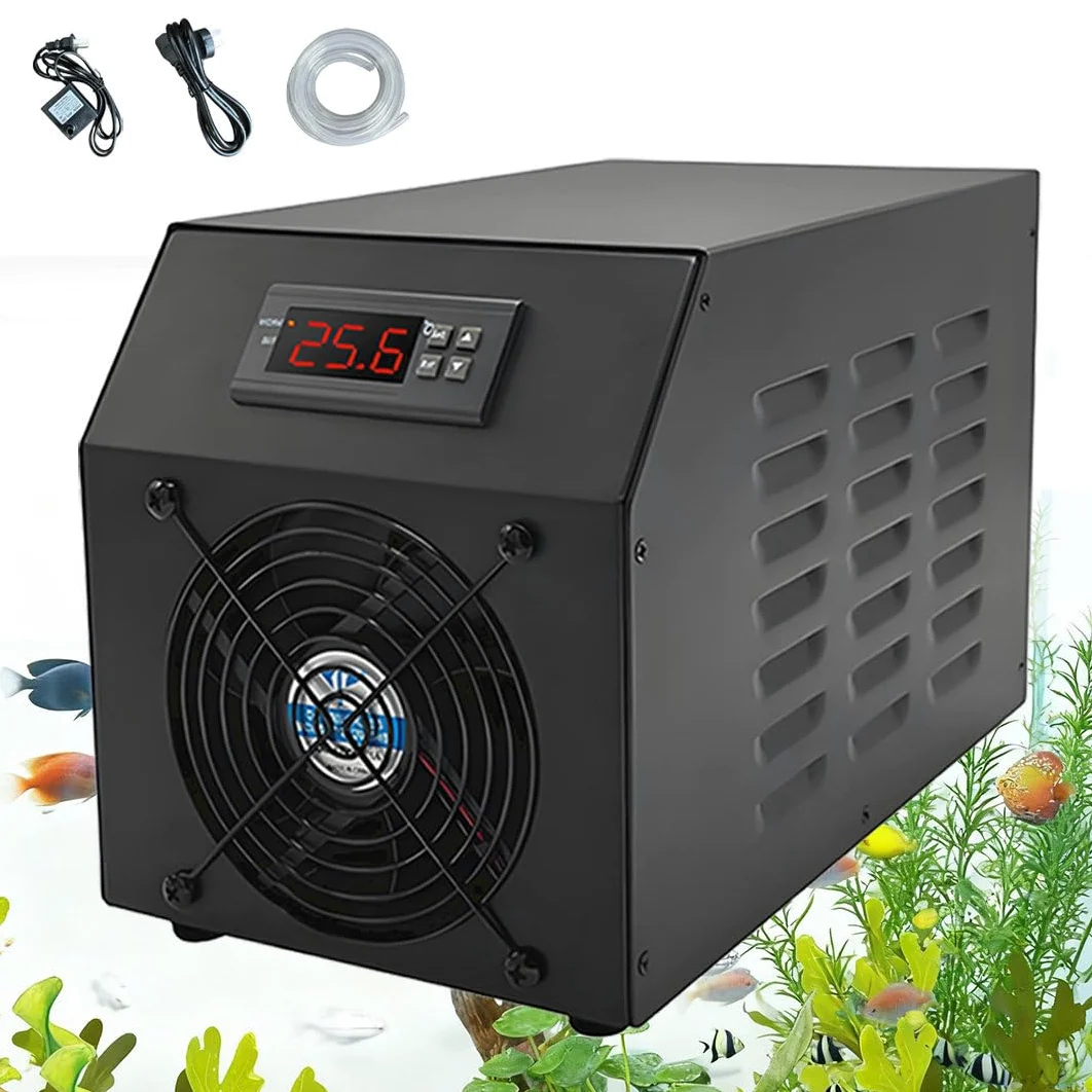 Aquarium-Kühler, 16 Gal/60 L 2 en 1 Hydrokultur-Systeme, Kühlsystem mit Leisen Lüftern, Schnelles Heizen/Kühlen für Fische, Garnelen Korallen mit Pumpe Rohr 2in1AquariumHeaters/Chiller