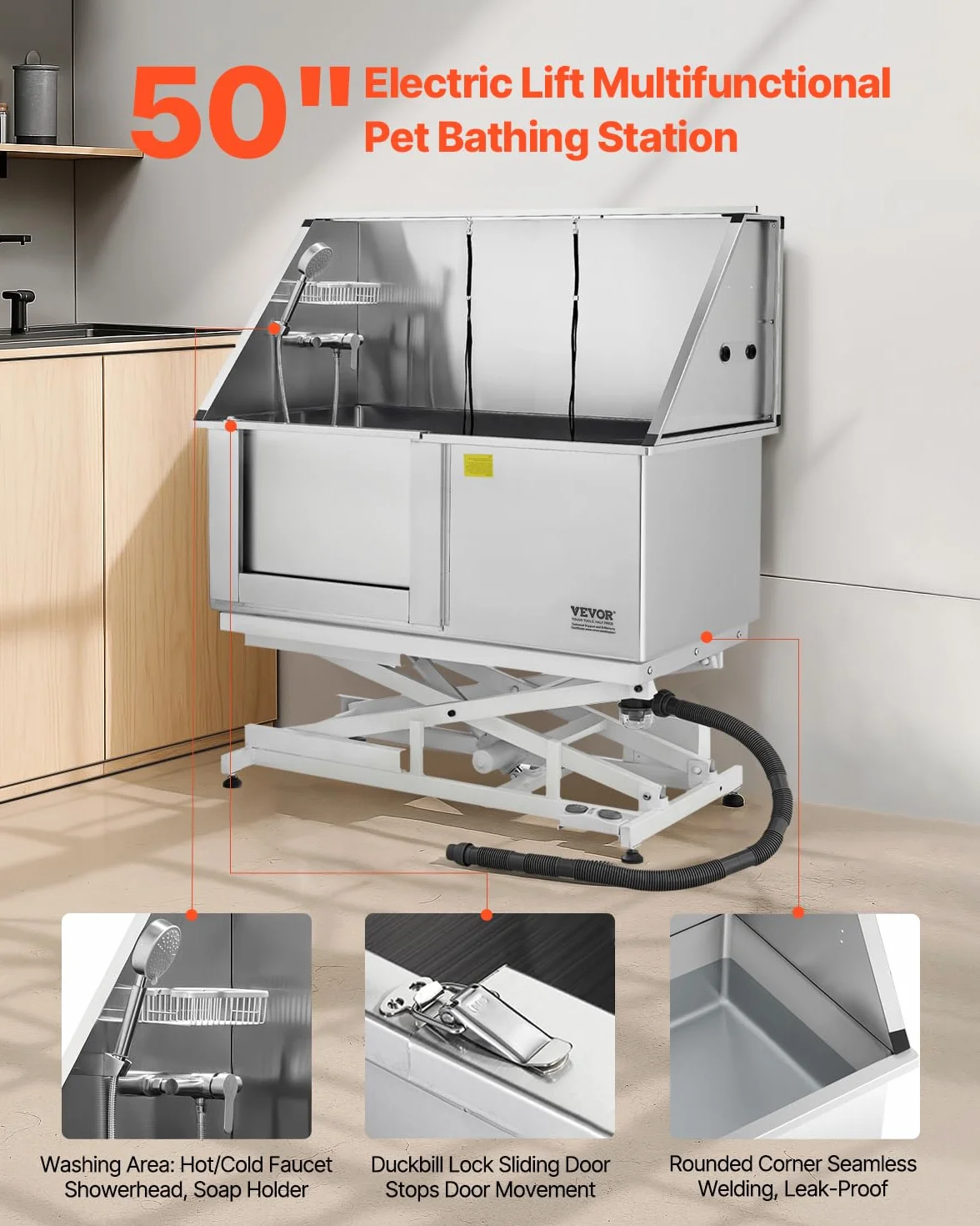 VEVOR Elektrische Hundewaschstation mit Hebefunktion, 127 cm Tierpflegewanne mit PE-Wasserfilterplatte, Wasserhahn & Duschkopf, Hundebadewanne, Waschbecken für mehrere Haustiere (Linke Tür)