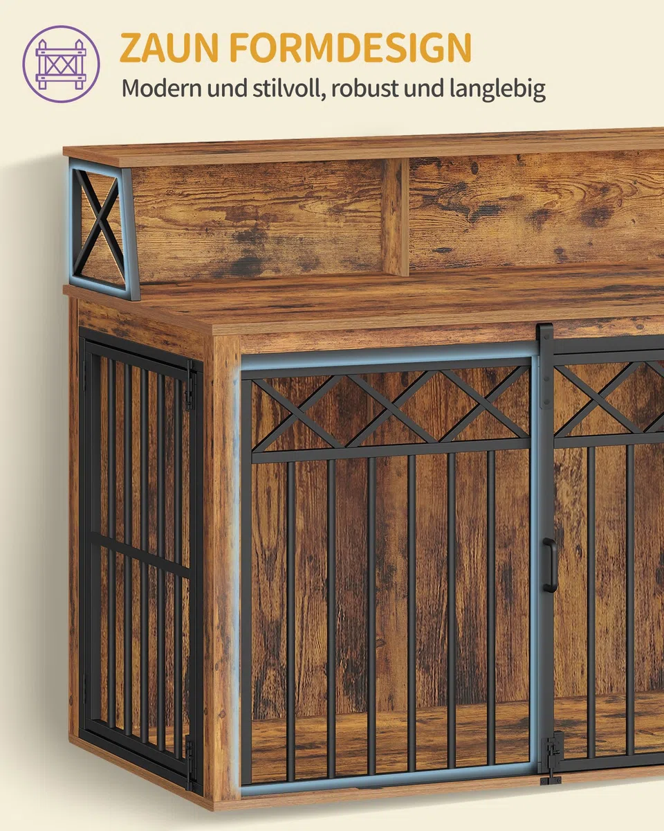 Hzuaneri Hundekäfig Möbel mit Lagerregal, Dreitürige Hundebox für Zuhause, Indoor Kennel mit Scheunentür, Beistelltisch, Geeignet für Mittlere/Große Hunde, 100 x 60 x 86 cm, Vintage Braun DFC87401B