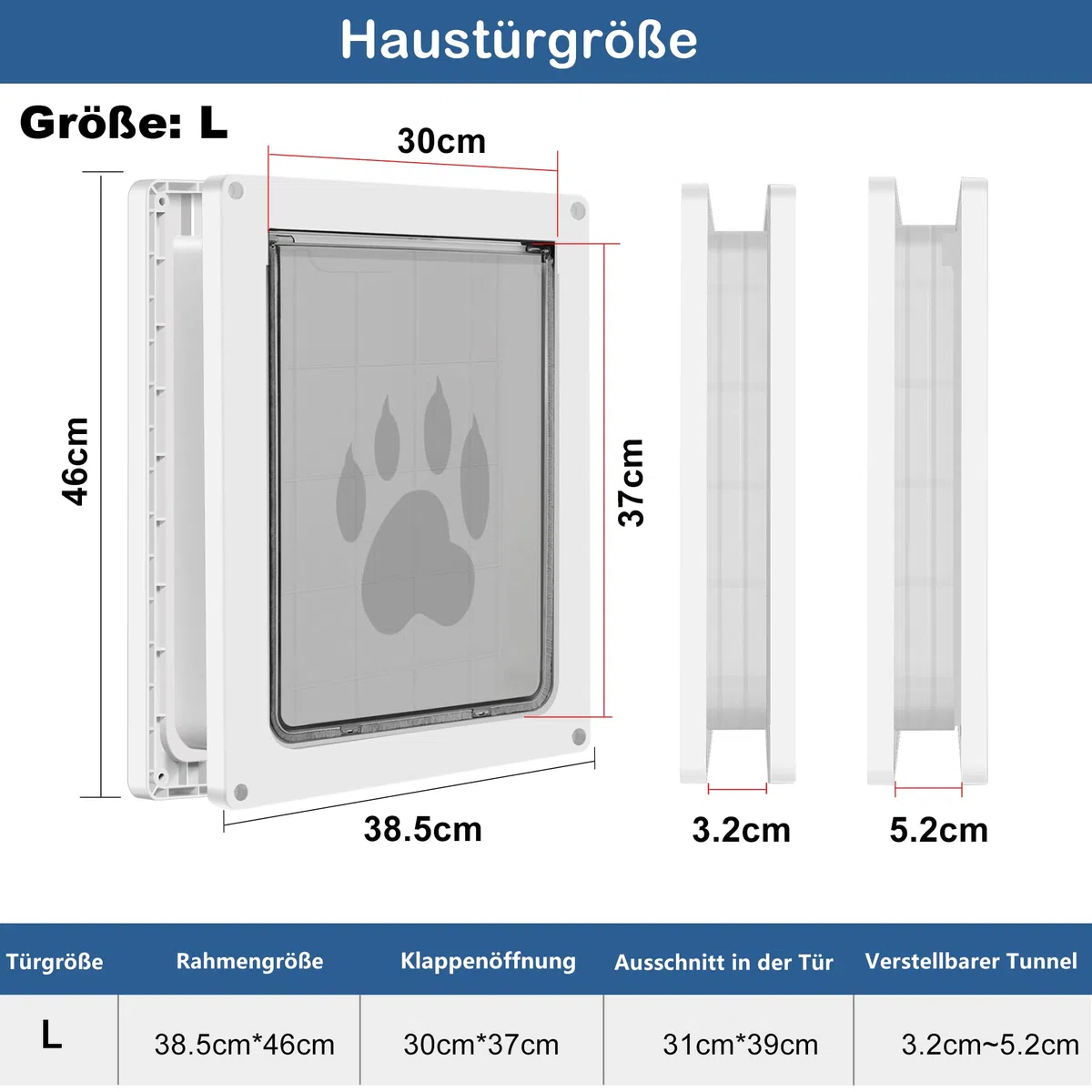 CEESC Große Hundeklappe für Haustiere bis 45 kg, wetterfeste Tierklappe für Katzen und Hunde, langlebig, inklusive Einrast-Verschlussplatte, geeignet für Innen- und Außentüren (Groß, Weiß)