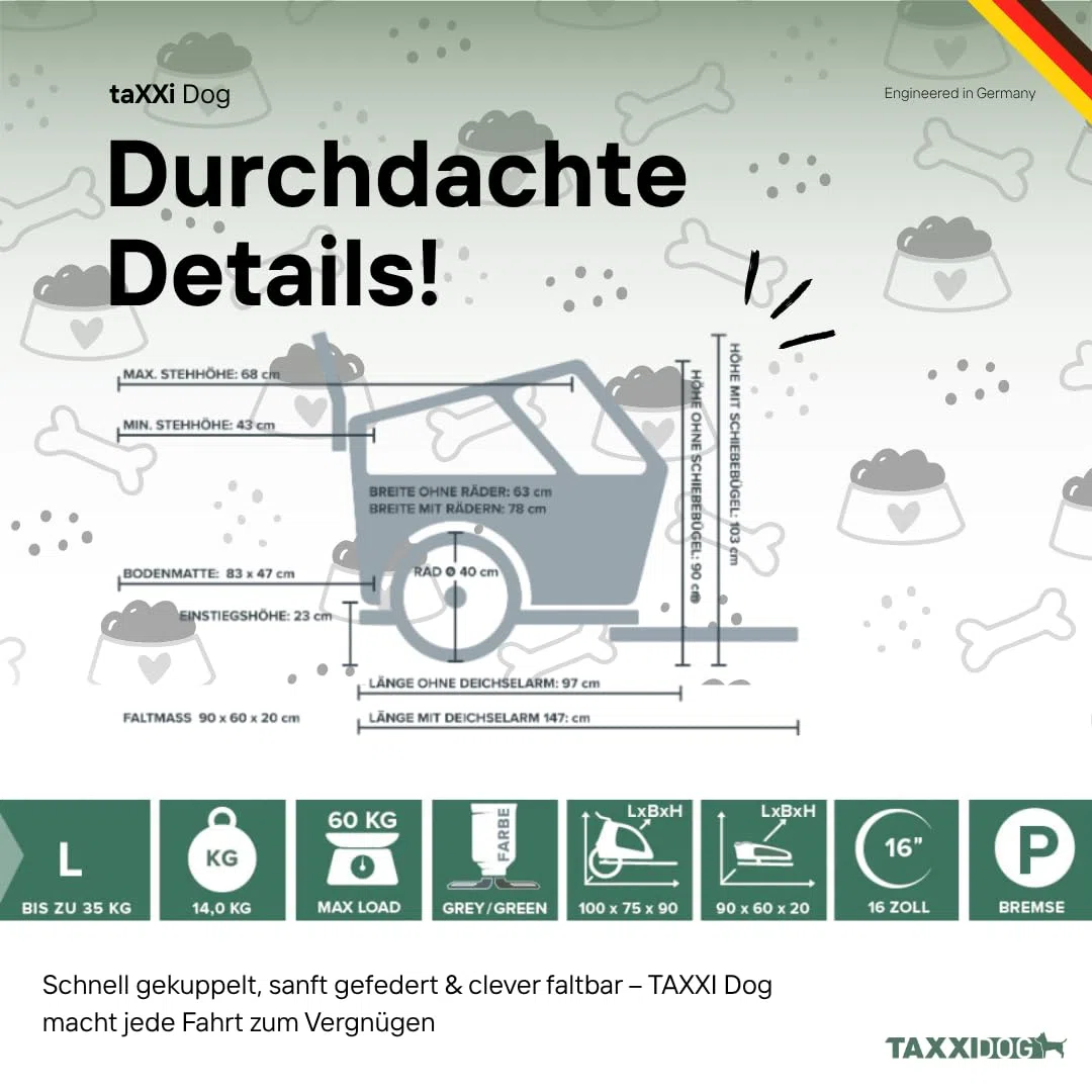 taXXi Dog Fahrradanhänger | In verschiedenen Größen| Faltbarer Premium Hundeanhänger | Designed in Germany | Mit Federung und Feststellbremse | 90 x 75 x 79 cm