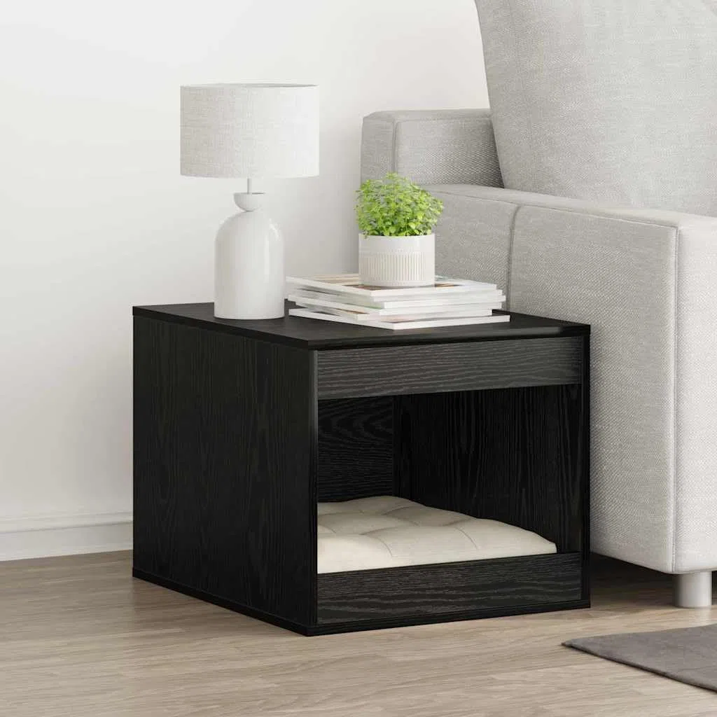 Katzenstreu Box Umzäunung Schwarz Eichen-Optik aus Holzwerkstoff 47 x 59 x 42 cm, Innenbereich, langlebig, pflegeleicht, passend für Wohnzimmer und diskrete Katzenecke
