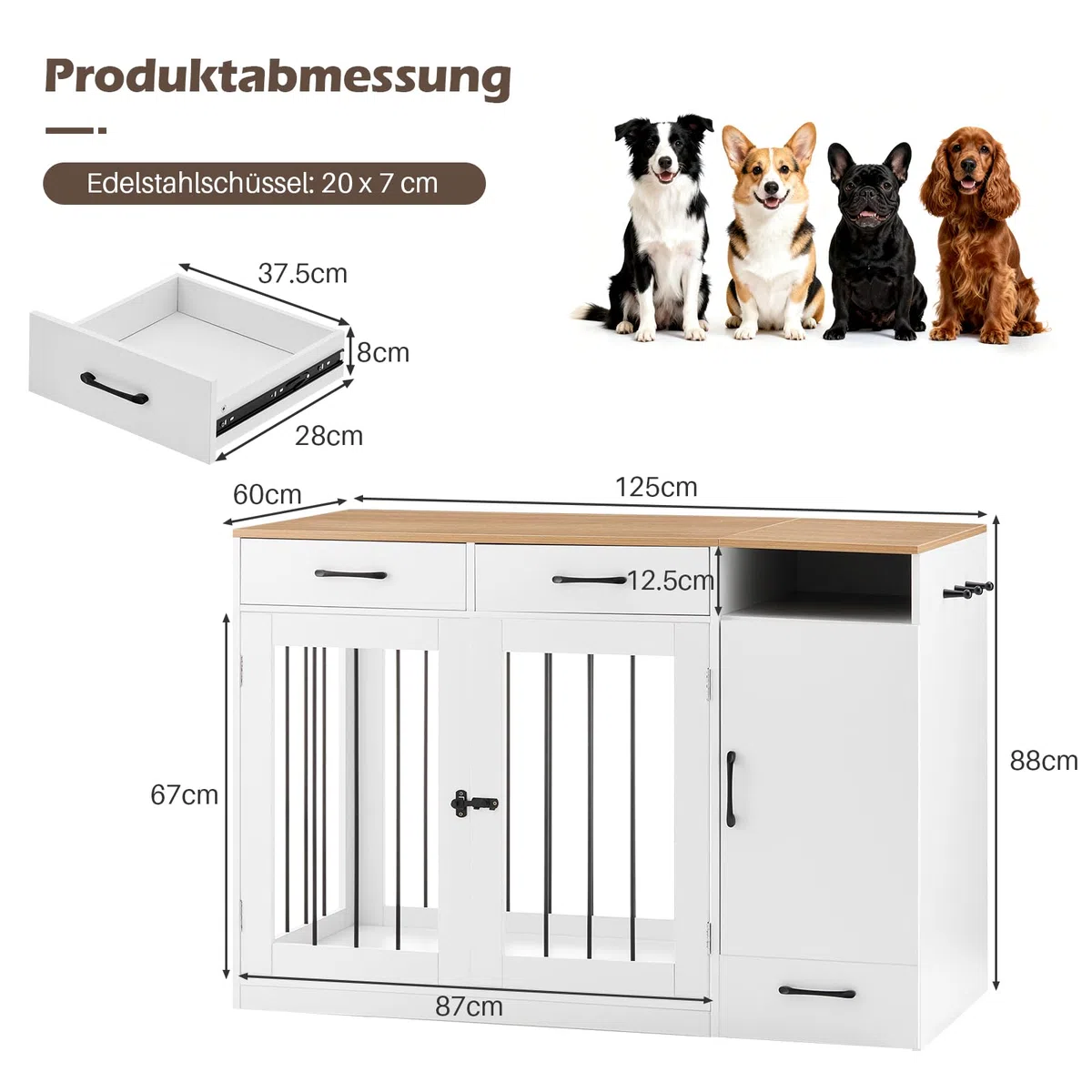 TUKAILAi Hundebox im Möbeldesign mit Futterstation, Robuster Hundekäfig mit Schubladen, Schrank und erhöhten Näpfen für kleine & mittlere Hunde