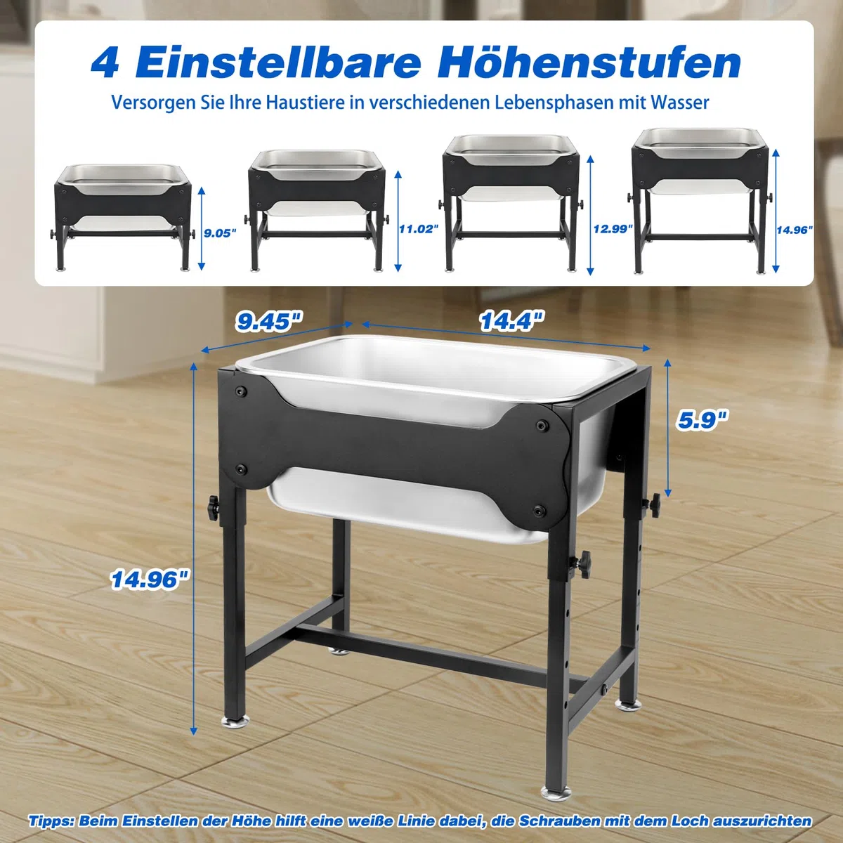 11.4 l erhöhte Hundenapf für große und sehr große Hunde Edelstahl-Hundenapf mit 4 Höhen verstellbarem Metall-Anti-Rutsch-Ständer Futternapf für Haustiere Für den Innen- und Außenbereich