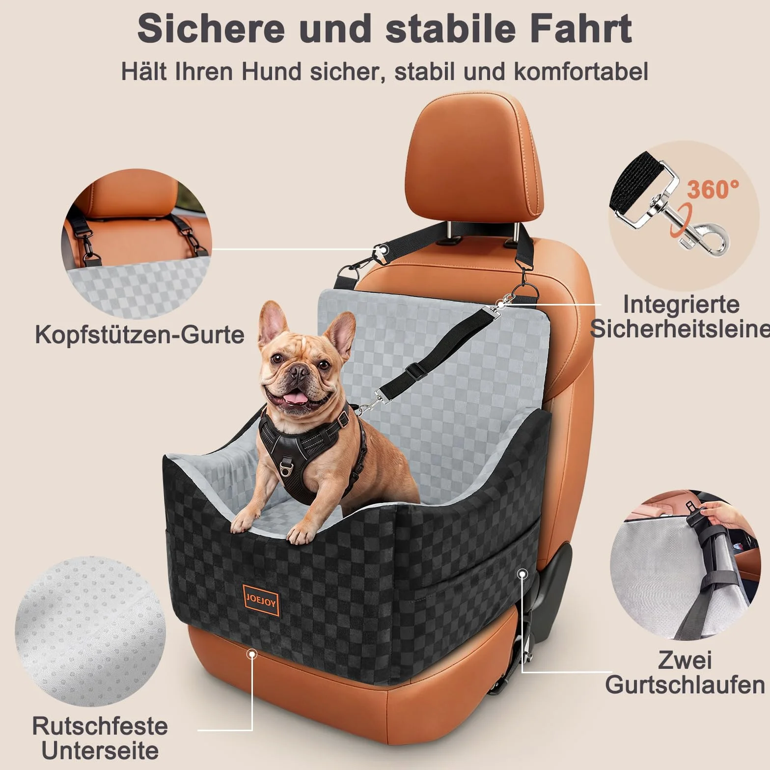 JOEJOY Hunde Autositz für kleine bis mittlere Hunde, Waschbarer Hundesitz Auto mit Aufbewahrungstaschen, Verdickter Memory-Schaum-Füllung, Hundeautositz Sitzerhöhung Hundesitz für Rückbank Vordersitz