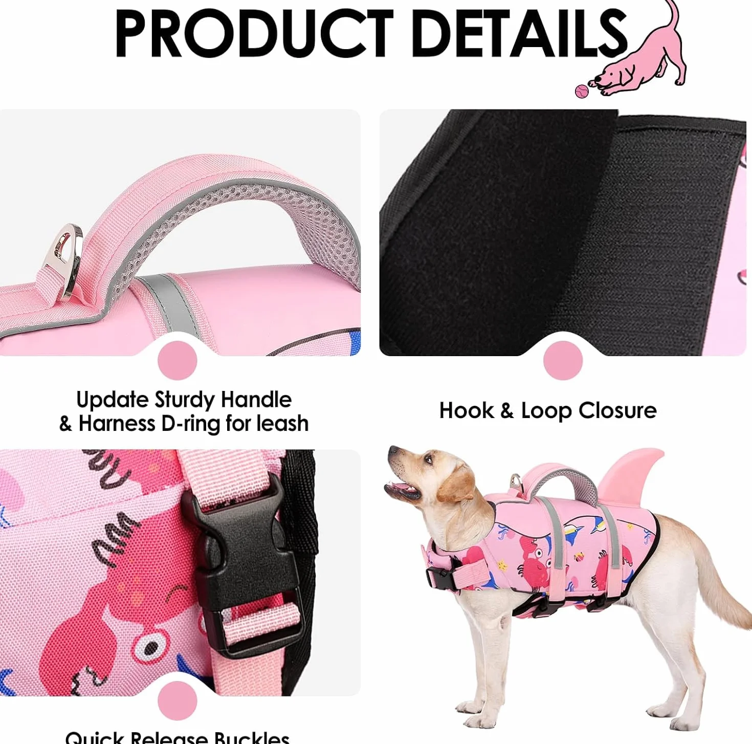 AOFITEE Hundeschwimmweste Große Hunde, Verstellbar & Ripstop Hunde Schwimmweste Hai mit Rettungsgrif und Reflektierend, Hoher Schwimmfähigkeit Rettungsweste Hund Schwimmweste Labrador, Pink, L