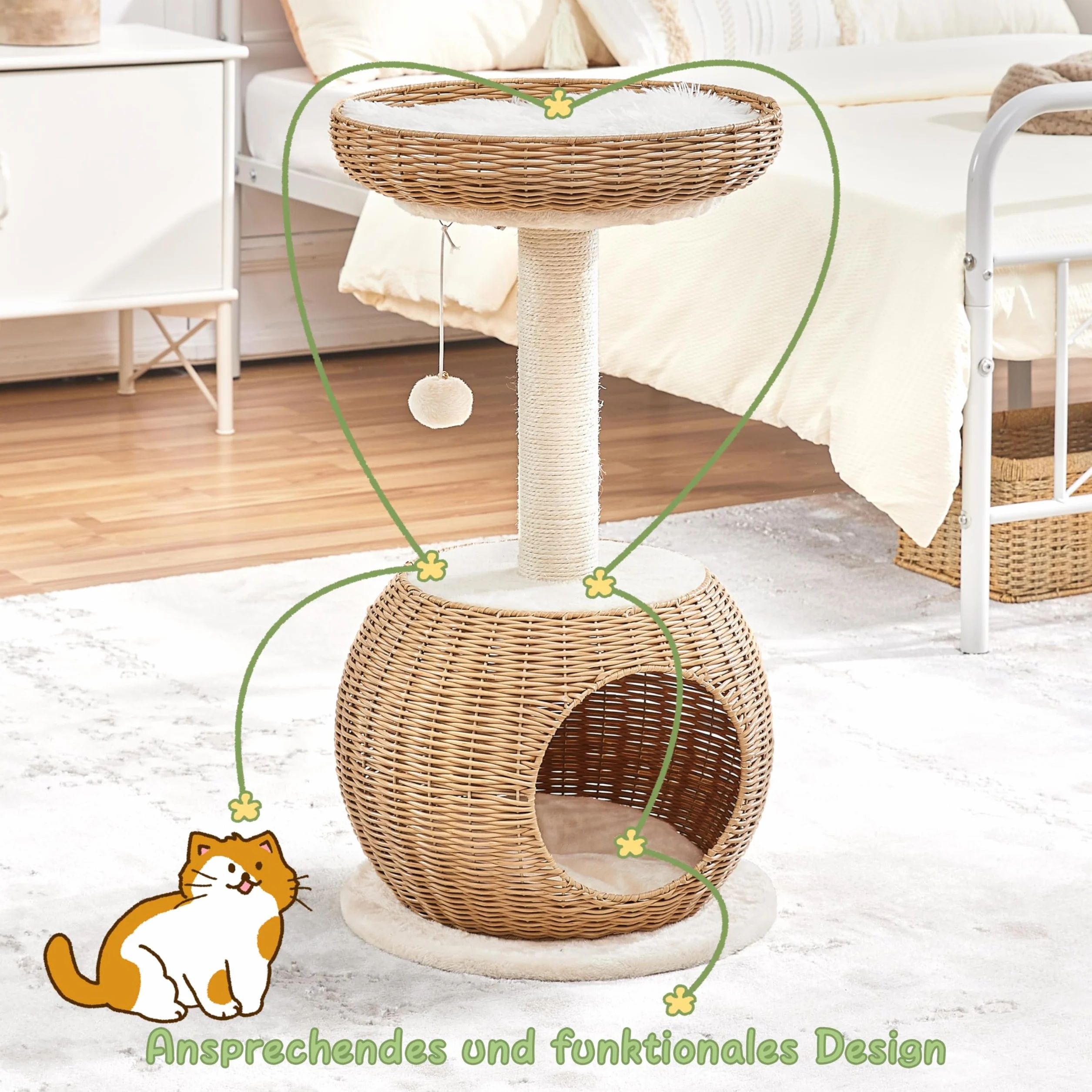 Yaheetech Kratzbaum Ratten Kletterbaum für große Katze, Stabiler Katzenkratzbaum mit Katzenhöhle Plüschball Katzenkorb Sisal Katzenmöbel 75 cm Beige