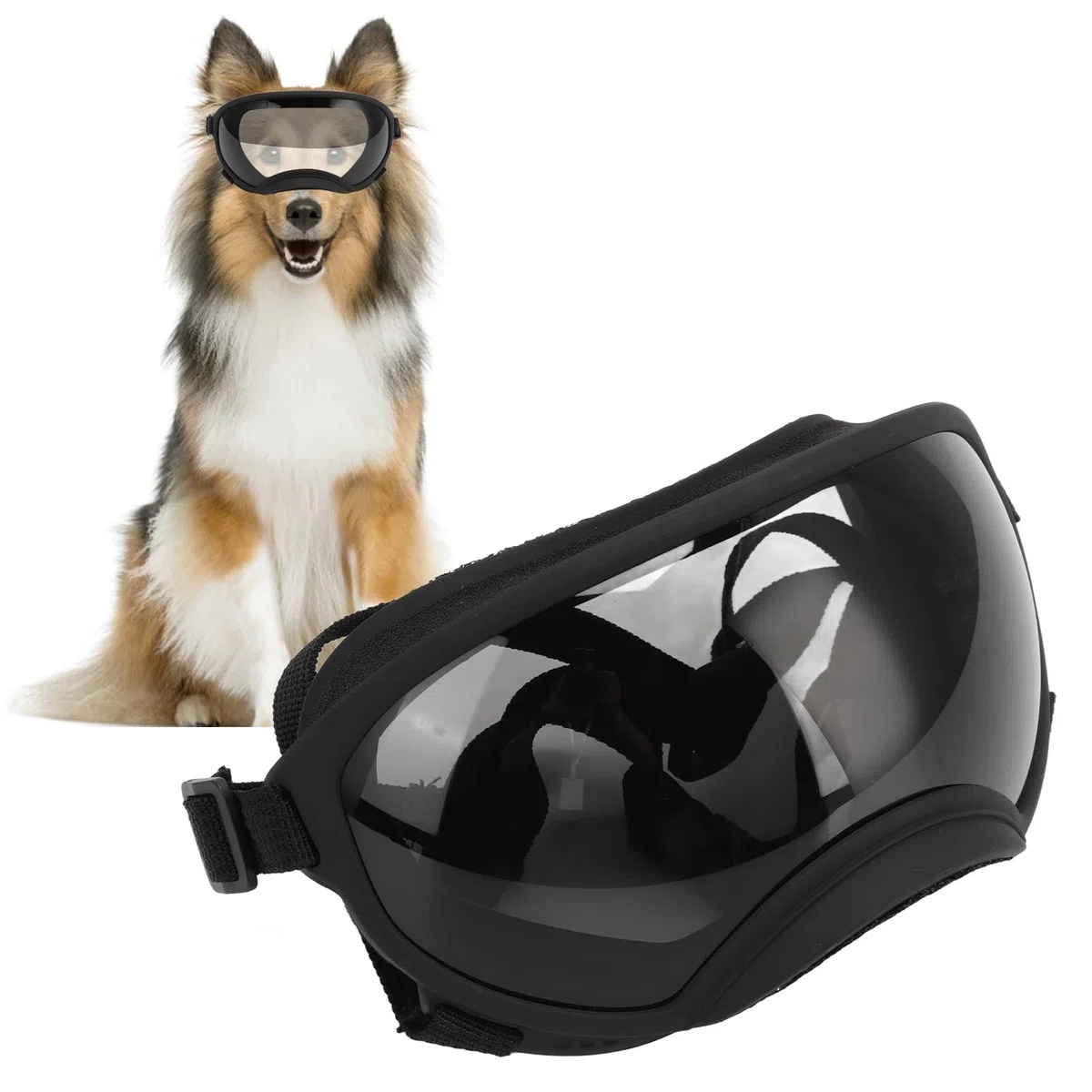 VBESTLIFE Hundebrille, Winddicht, UV-beständig, Staubdicht, Verstellbarer Riemen, Langlebige Hundesonnenbrille für Große Rassen (Schwarzer Rahmen, graue Linse)