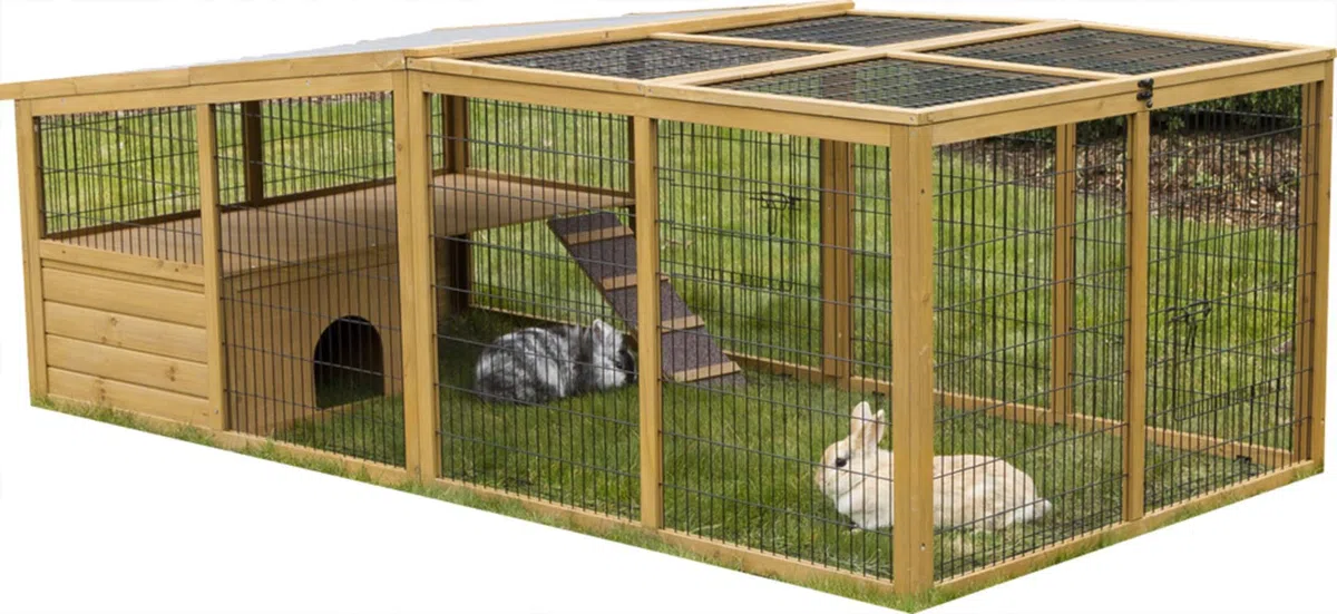 Kerbl Freigehege mit Ausbruchsperre (Gitterabstand 2,5 cm, überdachter Auslauf, mit Kunststoffdach, inkl. Kleintierhaus + Aussichtsplattform) 81708