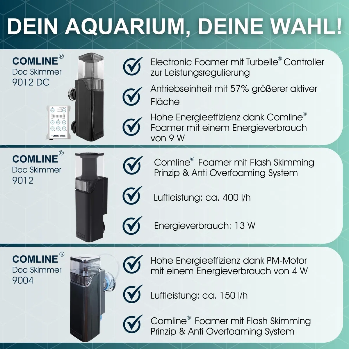 TUNZE Comline DOC Skimmer 9012 DC I Oberflächenabsaugung für Aquarien mit 200-1200 L I energieeffizienter Eiweißabschäumer mit Magnethalterung