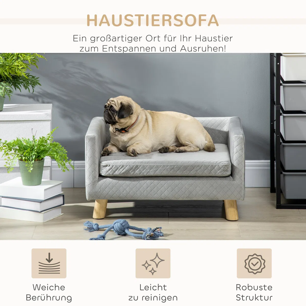PawHut Hundesofa Hundebett Hundecouch aus Samt mit Rückenlehne, Holzbeine, Kissen, Katzensofa mit weicher Polsterung, für kleine Hunde 64 x 45 x 36 cm Dunkelgrau