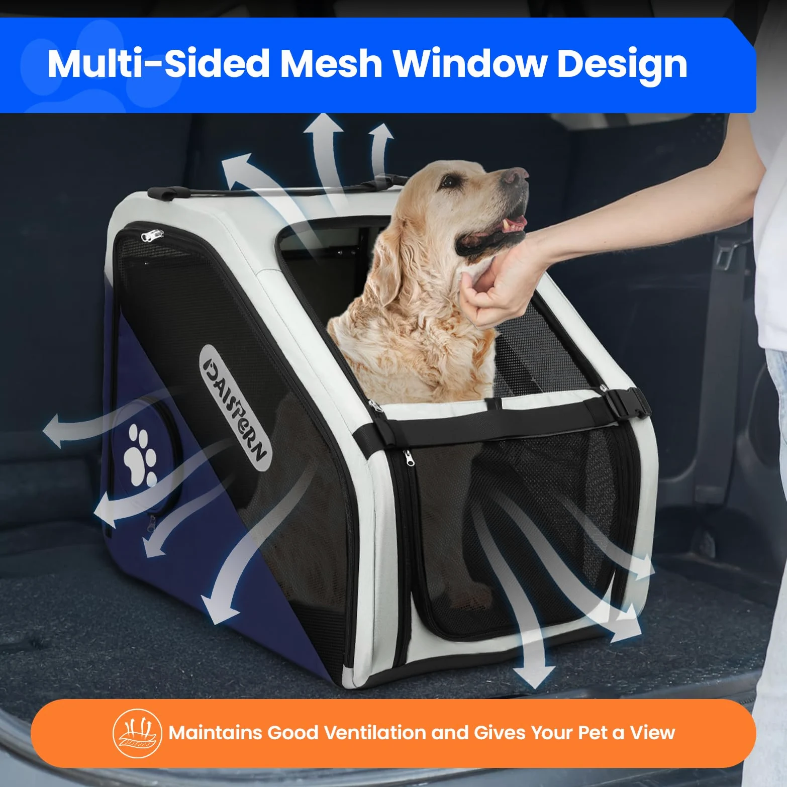 Faltbare Hunde Transportbox für Auto & Reisen, Tragbare Softbox für kleine & mittelgroße Hunde, 1-Minuten-Schnellfold, Robustes Metallgestell, Atmungsaktive Netzfenster & Komfortzugang, Blau