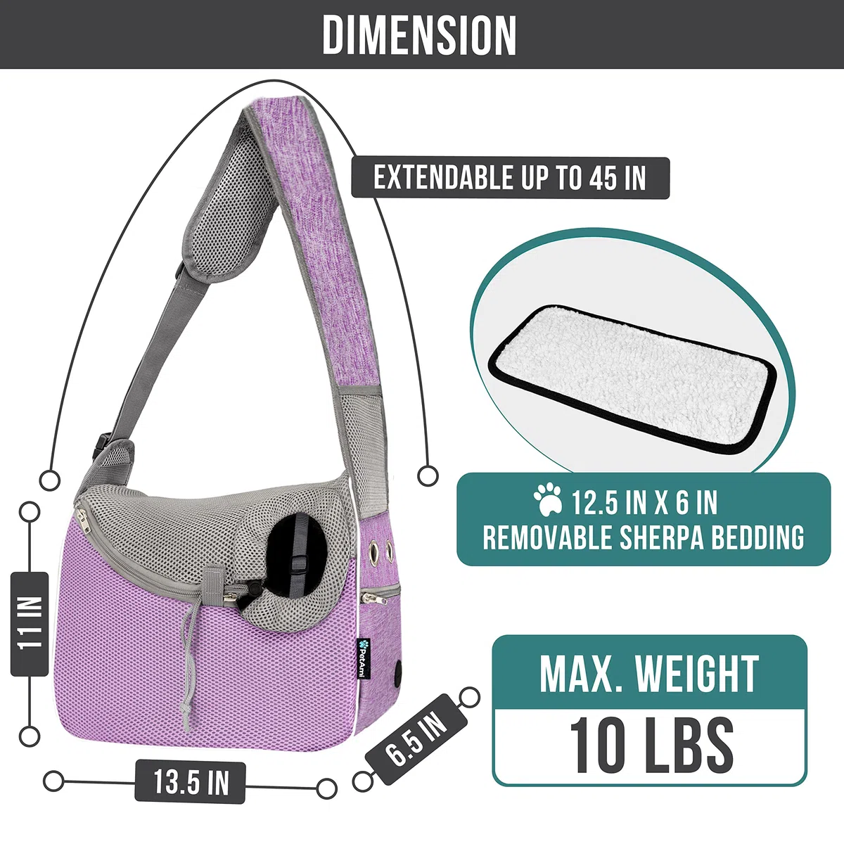 PetAmi Kleine Hundetragetasche, weiche Seiten, Crossbody-Welpen-Tragetasche, verstellbare Tragetasche, für mittelgroße Hunde, Katze für Reisen, atmungsaktives Netz, Sherpa-Bett, Violett