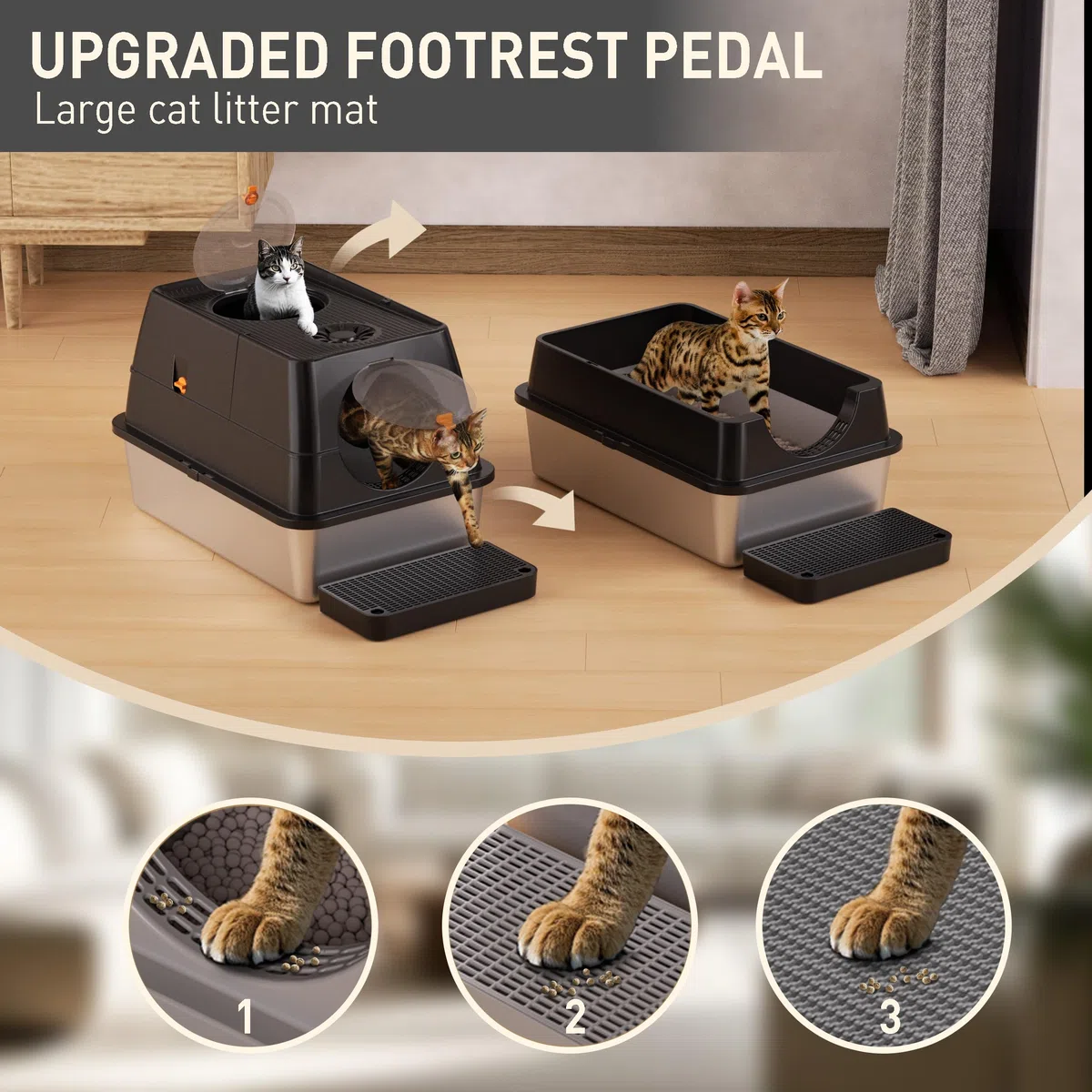 Katzenklo Edelstahl mit Deckel, XL Katzentoilette Geschlossen mit Schaufel, Zwei-Tür-Konfiguration, Leicht zu Reinigen, Geruchshemmend, Rostfreier Stahl Katzenklo mit Pedals (Schwarz)