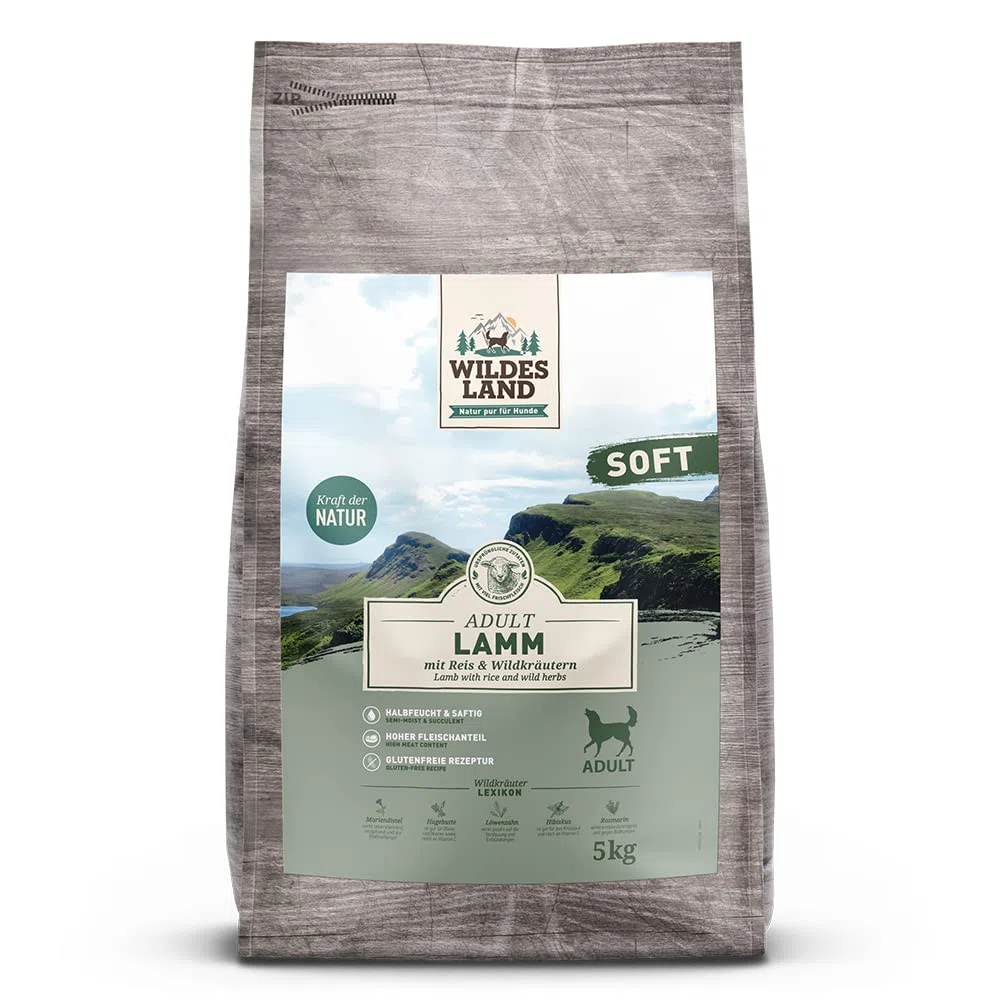 Wildes Land Halbfeuchtes Trockenfutter für Hunde Nr. 1 Lamm 5 kg | Mit Reis und Wildkräutern, Glutenfrei, Extra viel Fleisch, Für alle Hunderassen