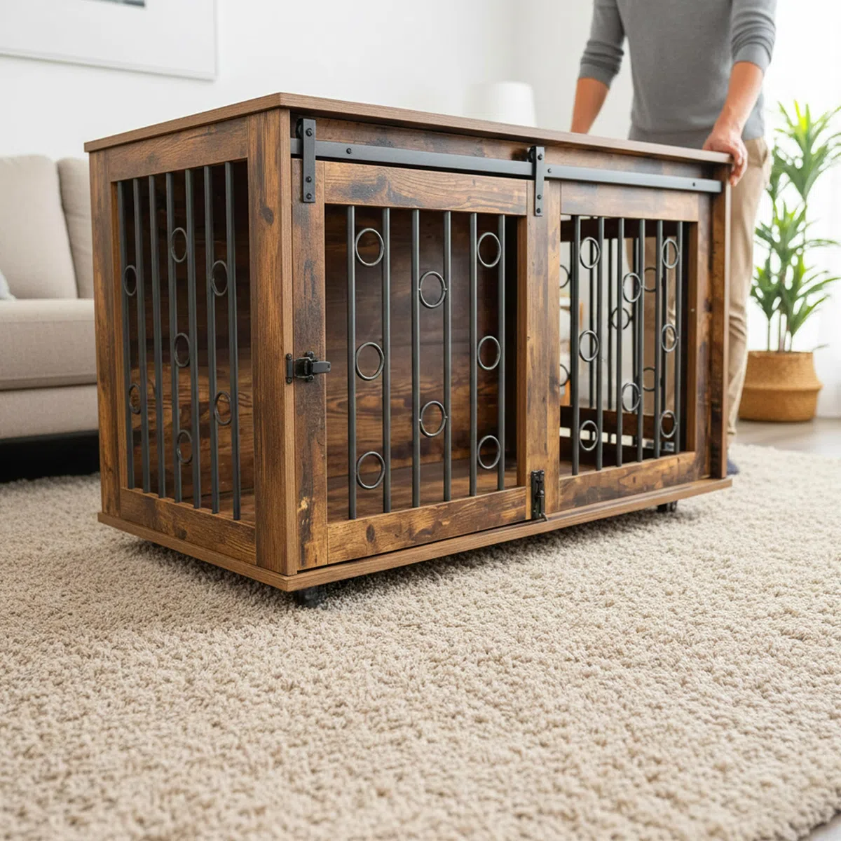 Relaxdays Hundekäfig Möbel, Hundegitterbox mit Ablage & Rollen, 2 Türen, HBT: 64x100x59 cm, Hundeschrank, braun/schwarz
