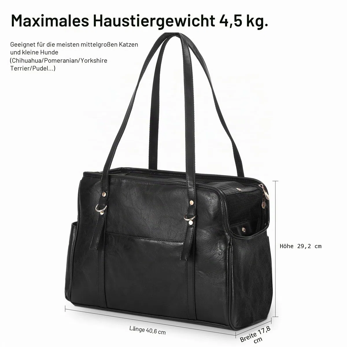 Lasaviin Hundetragetasche, modische Leder-Haustier-Tragetasche mit Taschen, von Fluggesellschaften zugelassen, weiche Seiten, für Welpen, Katzen, Hunde, Schwarz