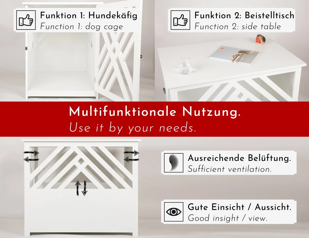 Design Hundekäfig aus Holz für Zuhause Wohnung mit Beistelltisch, Hundebox fürs Wohnzimmer Indoor, 90x60 cm weiß