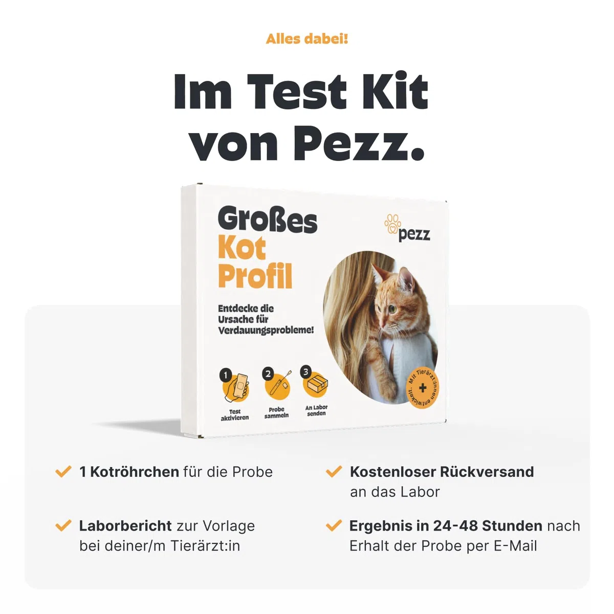 PEZZ Großes Kotprofil 7-in-1 Test für Katzen | Nur eine Probe | Alle häufigsten Parasiten und Würmer & Durchfallerreger, Verdauungsfunktion, Enterotoxin, pH-Wert etc. | gratis Labor-Versand