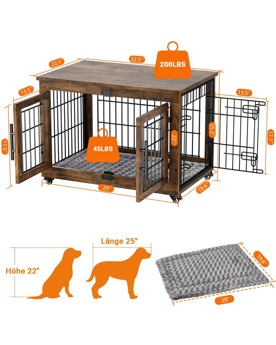 GIKPAL Hundebox für Zuhause mit Kissen, 83cm Hundekäfig Möbel für Drinnen mit Doppeltüren und Rädern, Moderne-Hundebox Holz für Klein, Mittlere Hunde bis zu 45 lb, 83x56x64cm, Rustikales Braun