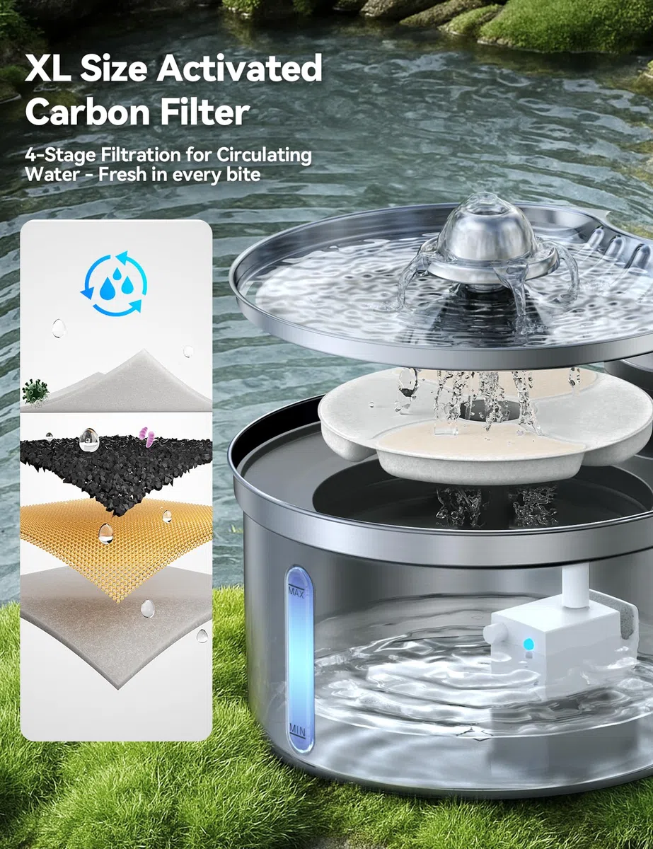 Katzenbrunnen Edelstahl Kabellos mit Sensor für Katzen und Hunde 3,5L|FEELNEEDY [FN-W19] Wasser-und Batterietrennung Trinkbrunnen mit Akku 4000mAh, 3 Betriebsmodi, 1 Aktivkohlefilter