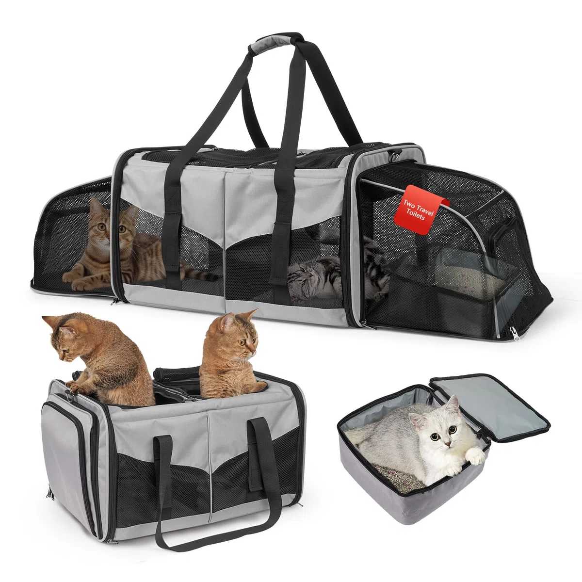Katzentransportbox für 2 Katzen, Faltbar & Erweiterbar, Mit 2 Klappkatzenklos & Trennwand, Atmungsaktiv, Für Auto & Reise,Bis 7kg Belastbar, Grau