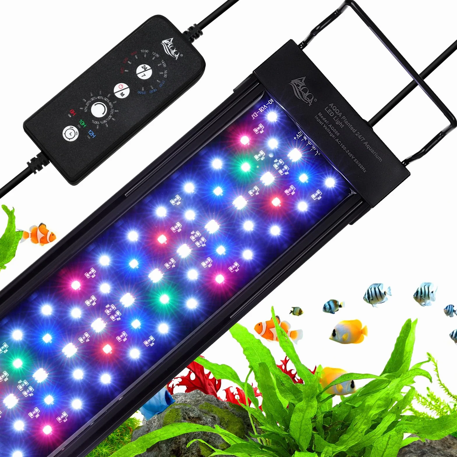 AQQA Aquarium LED Beleuchtung, 24W Vollspektrum 24/7 Modus, Einstellbare Timer Helligkeit, Aquarium Pflanzenlicht mit ausziehbarer Halterung, für 60-80cm Fischtank