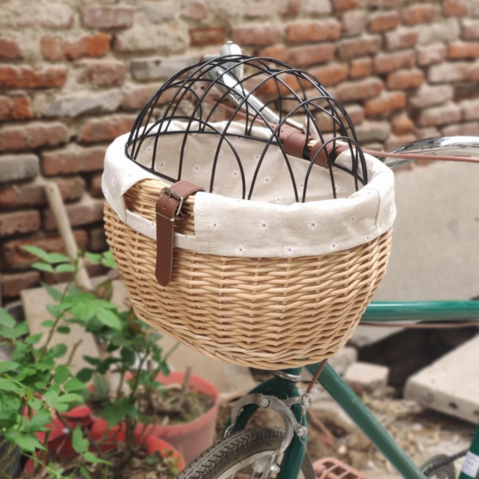 KKPLZZ Weidenkorb Fahrrad, kleine Hunde Katzen Haustierträger Fahrradkorb mit Metallgitterabdeckung