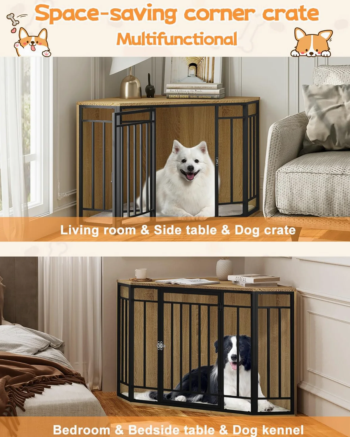 EUGAD Eck-Hundebox, Hundekäfig Möbel mit Kissen,Hundebox Holz mit Abschließbarer Tür, Haustierbox für den Innenbereich, Hundekäfig Zuhause für kleine mittelgroße Hunde 111x67x60cm