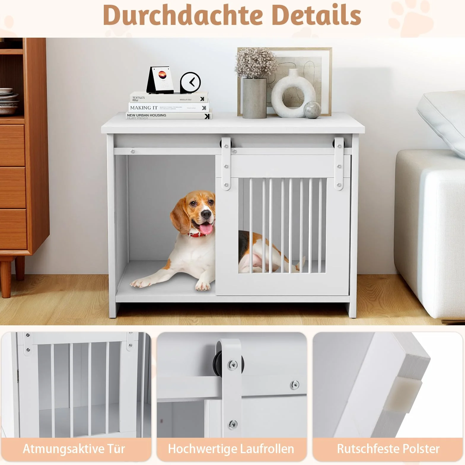 COSTWAY Hundekäfig Möbel, Hundebox für Zuhause, Hundehütte mit Schiebetür, Haustierkäfig aus Metall Holz, Beistelltisch modern, Indoor, für kleine & mittelgroße Hunde, 80 x 60 x 60 cm (Weiß)